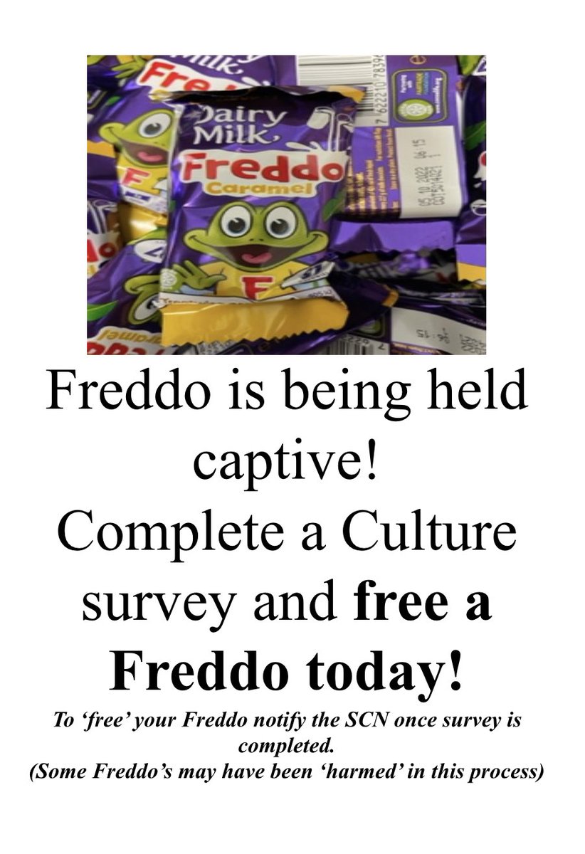 I’ve been informed by <a href="/kn17Julia/">Julia Togneri</a> that several Freddo Frogs are being held captive in the Neonatal Unit. There’s a poster advising staff how to free them - please complete the #NHSGCultureMatters Staff Survey today to release them from Julia’s office asap!