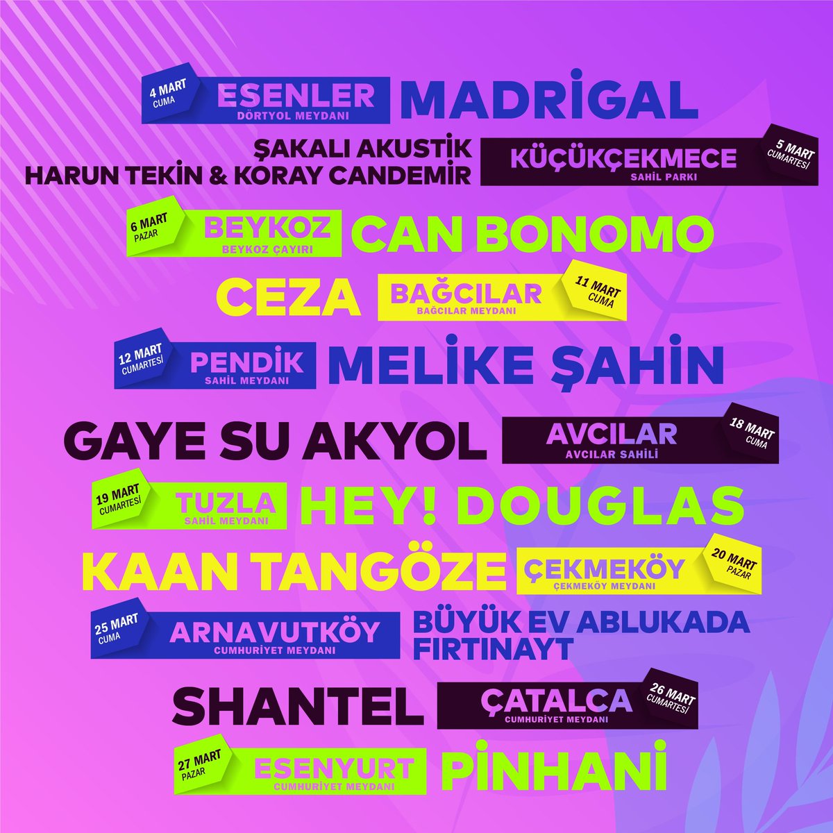 Meydanlar müzikle buluşuyor; İstanbul Kavuştayı başlıyor!
Şehrin meydanlarını müziğin ritmiyle doldurmaya hazırlanan İstanbul Kavuştayı,  farklı müzik türlerinden sevilen isimleri ücretsiz konserlerle İstanbullularla buluşturacak.
•
<a href="/kultur_istanbul/">İBB Kültür AŞ</a> &amp; #İstanbulKavuştayı