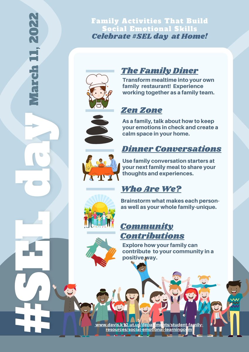 dsdsel's tweet image. Another #MindfulMondayMoment reminder of SEL Day on March 11. While schools will participate in a variety of SEL activities throughout the week, families can also participate at home. Here are just a few ideas.