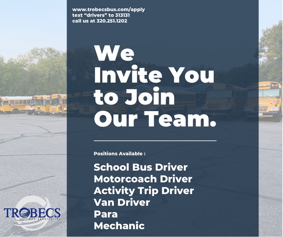 TrobecsBus's tweet photo. 👏🏼 Join us! We are looking for fun, motivated and dedicated people to add to our family. • flexible schedules • benefits • great pay • family owned 👀 those are just some of the perks here at Trobec’s! #hiring #lovethebus https://t.co/KuicJlqBGR