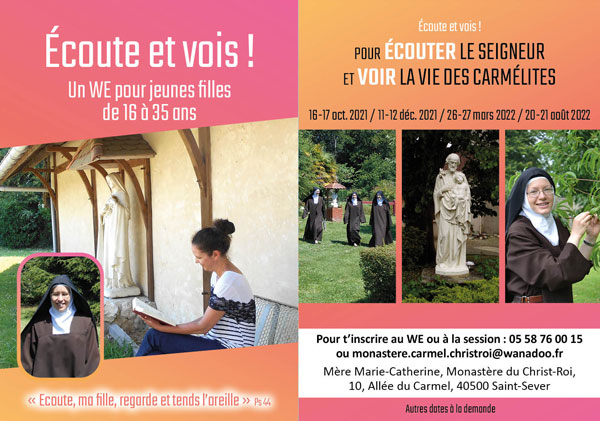 VieMonastique's tweet photo. Les moniales carmélites de St Sever (40) proposent un week-end "Ecoute et vois" les 26 et 27 mars. Renseignements ici : https://t.co/f2ScXLS7Ic https://t.co/MwPHQVkVlb