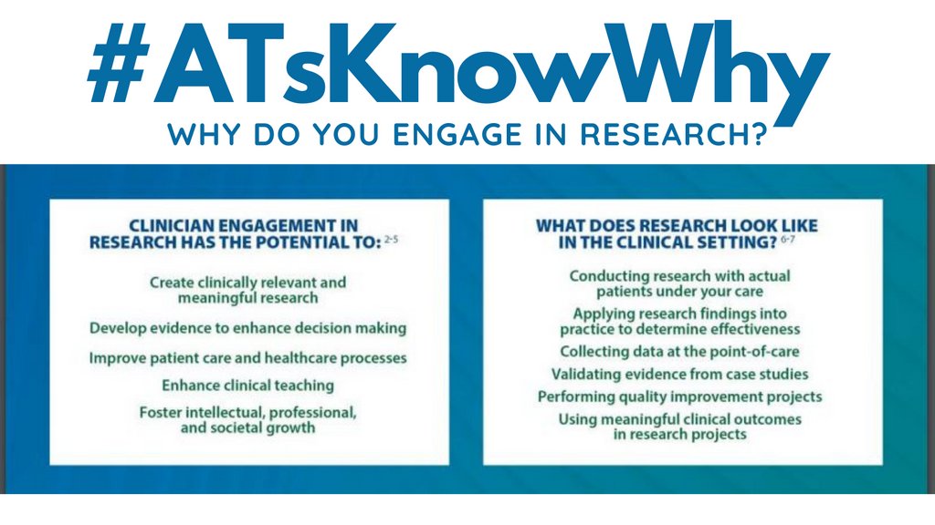 NATAFoundation's tweet photo. The ATRA shows 94% of respondents agreed that the professional would benefit from clinicians engaging in research. Learn more: https://t.co/zT7N5VC3wp
👋 @NATA_SSATC we challenge you to share your “Why” this week! Share how or why you engage in research and use #ATsKnowWhy! https://t.co/5sk8M7grVx
