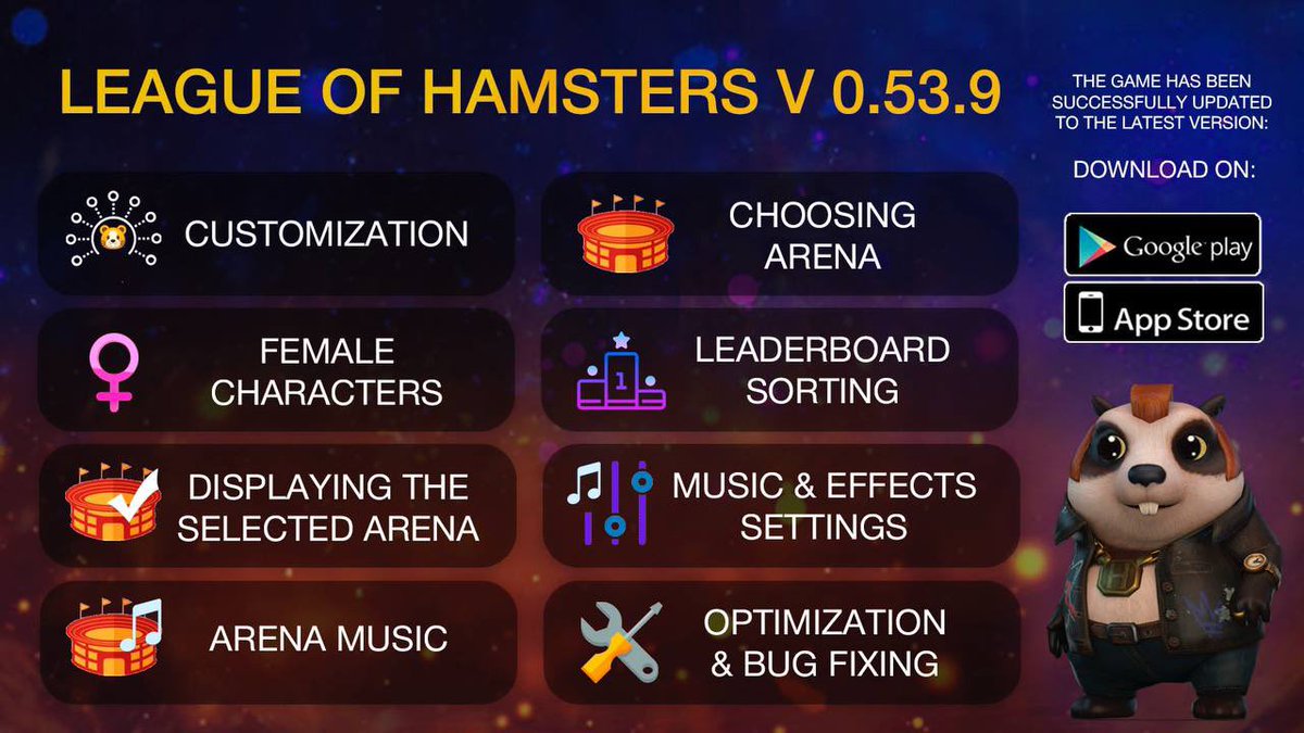 LeagueHamsters's tweet photo. 🚀New update - new name!

🐹League of Hamsters!🐹

📲We added customization, female characters, arena choosing and much more that you can see in the latest update!

🤖 Android: https://t.co/pkpA9ipoz6

🍎 IOS: https://t.co/O9ntvIV3LX

#P2E #DeFi https://t.co/qoH0Wnakgg