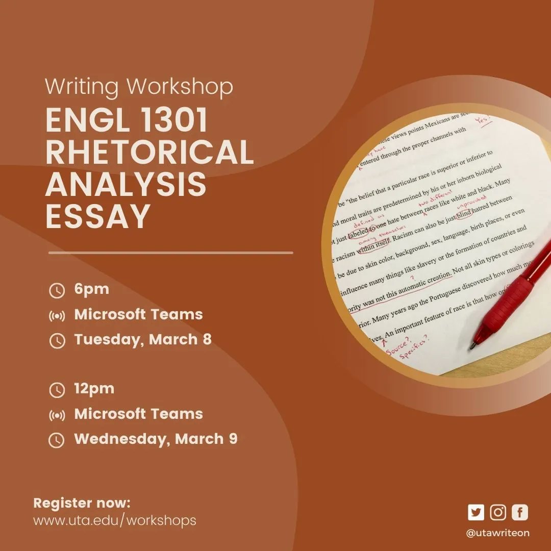 UTAWriteOn's tweet photo. ENGL 1301 Students! Join us this week for our RAE Workshop. We'll break down how to write strong thesis statements and go step-by-step through your essay’s guidelines, including the structure of a good RAE. Sign up here: https://t.co/DpCc6TPLWP @UTAEnglish https://t.co/7Iv6KnhSsl