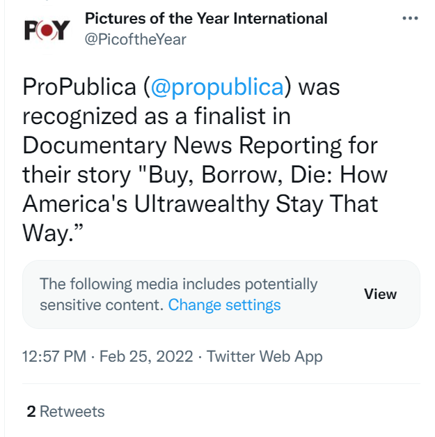 87thStCreative's tweet photo. Excited to share the news that the @propublica video we worked on has been recognized as a finalist in Documentary News Reporting with @picoftheyear which included the Roth IRA video. #investigativejournalism #videojournalist #explainervideos https://t.co/mgvWimWqDO
