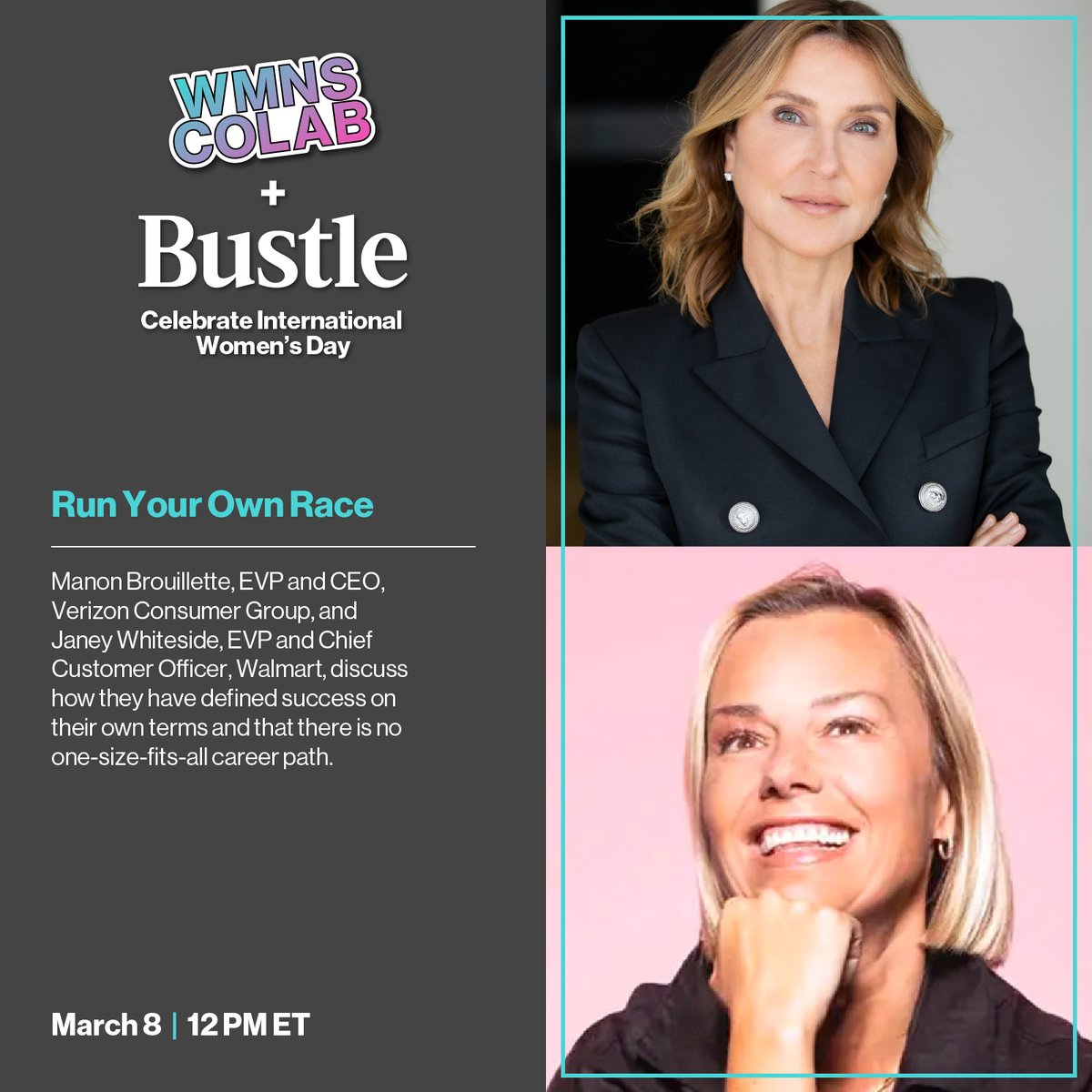 Run your own race. 🏃‍♀️

<a href="/Verizon/">Verizon</a>’s <a href="/brouilletm/">Manon Brouillette</a> sits down with <a href="/Walmart/">Walmart</a>’s <a href="/janeywhiteside/">Janey Whiteside</a> for a candid conversation about Janey's career path and navigating change. 

Don't miss this fireside chat at our #IWD2022 event TOMORROW at 12 PM ET.

Register now:
eventbrite.com/e/womens-colab…