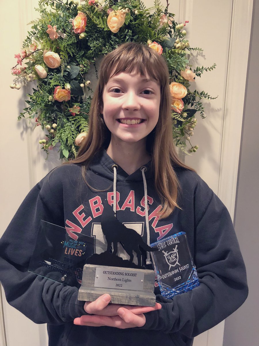 huskerkas's tweet photo. “I want to take a picture holding my awards like @billieeilish held her Grammys.” - Stella (11) Three-time Best Soloist award winner for show choir. https://t.co/I4YTFYawDl