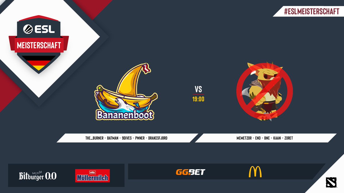 Gleich startet das erste #Dota2-Match des Abends:
🆚 <a href="/BananenbootDota/">Bananenboot</a> vs. <a href="/NBHDota2/">No Bounty Hunter</a> 

📺 twitch.tv/shokzTV
🎙️ @JanHoltma + @DaHorsty 
#ESLMeisterschaft