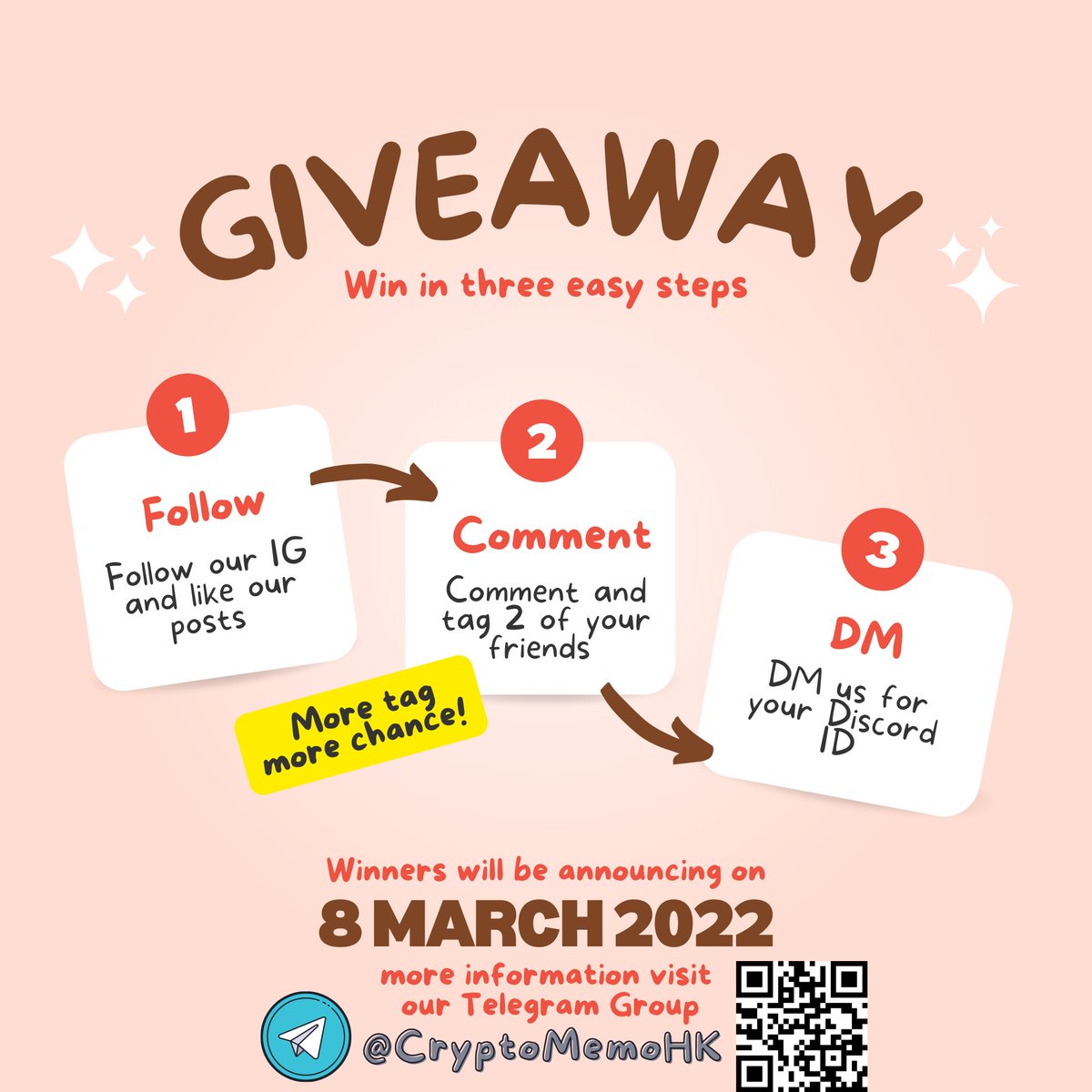 CryptoMemoHK's tweet photo. CryptoMemoHK X WaifuMoe Giveaway

We will giveaway 3 Whitelists on IG

To enter👇🏻
1. Follow @CryptoMemoHK IG
https://t.co/Ftq6U3vnJZ
2. Like + Comment our IG post &amp; tag 2 friends
https://t.co/ySTwRTWqvI
3. DM us for your DC ID on Instagram

🕘Drawing at 21:00 HKT 8/3/22 https://t.co/30crx5k9QE