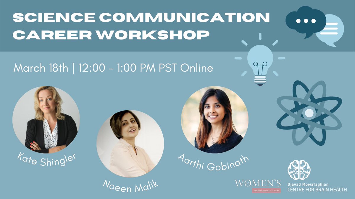 Join us and @DMCBrainHealth on Mar 18 (12-1 PST) ⭐ to hear three #sciencecommunicators: @KateShingler, @NoeenMalik & @aarthigobinath share their #scicomm experiences in #journalism, #medicalwriting, #activism, #medicalcommunication & more!💡

RSVP here ➡️ bit.ly/33OGZvx