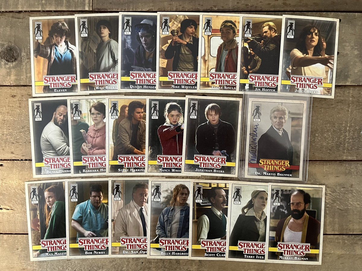 MatthewModine's tweet photo. RETWEET by Monday, March 14 for a chance to win this set of 20 #StrangerThings character cards from @Topps! My Dr. Brenner card is the limited edition (and signed) @NY_Comic_Con version from 2019. Only 50 were released to the public! Good luck! #ModineMonday https://t.co/hRB4XKSb36