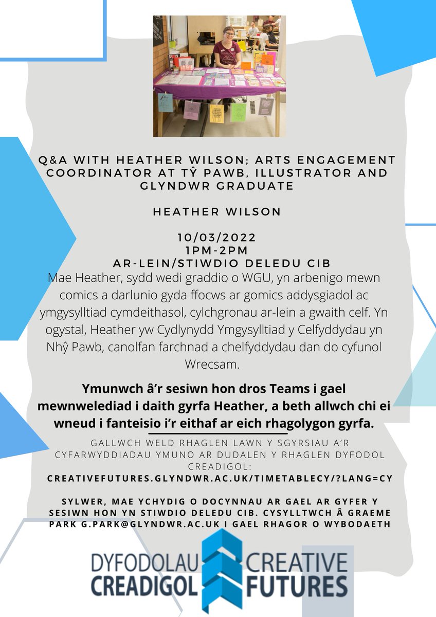 GlyndwrCF22's tweet photo. Coming up this Thursday, 10th March we have special guest Heather Wilson- not to be missed! 

For full details and joining instructions, head to the Creative Futures website https://t.co/LVcTINiIdZ https://t.co/6HPAEIfBys