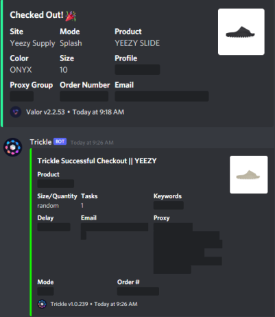 @notify @ValorAIO @tricklebot @OculusProxies @WolvesProxy @LiveProxies and many declines First checkouts on both bots