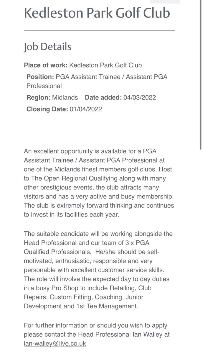 🚨Job vacancy at Kedleston Park! Great opportunity for the right candidate to join the team 💪