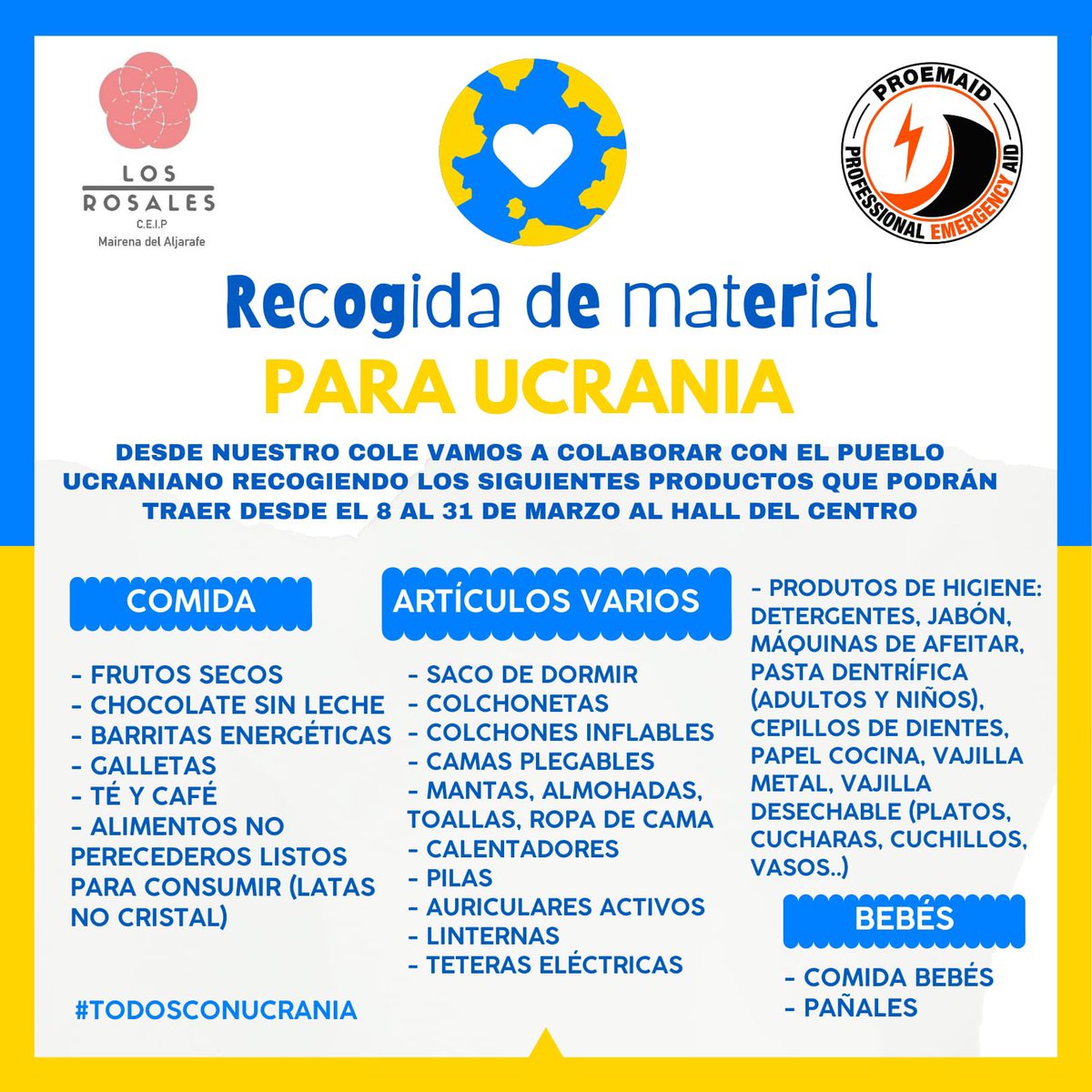ceiplosrosales's tweet photo. La Comunidad Educativa del Ceip Los Rosales se une en el apoyo y ayuda a Ucrania 🇺🇦 https://t.co/eduYRpa1Jw