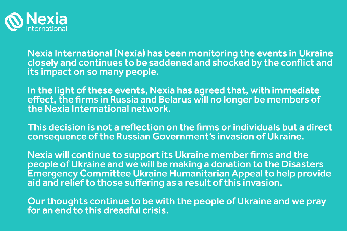 Nexia_Intnl's tweet photo. Nexia International has been monitoring the events in Ukraine closely. In the light of these events, Nexia has agreed that, with immediate effect, the firms in Russia and Belarus will no longer be members of the Nexia International network. https://t.co/sj3xl52nGh