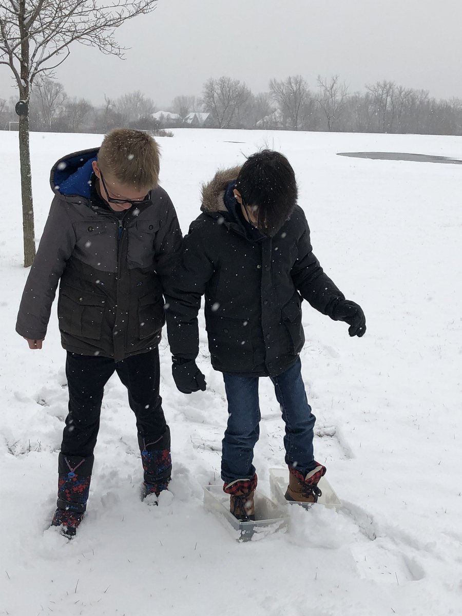 IsaacFoxLIH's tweet photo. These two entrepreneurs are happy with the snow today! A perfect day to test their snowshoe prototypes. @wagnersusie123 @D95SocialMedia @LisaGregoireIF @JenAdamsEDU @SibikJamie https://t.co/c76SQ2OfmL