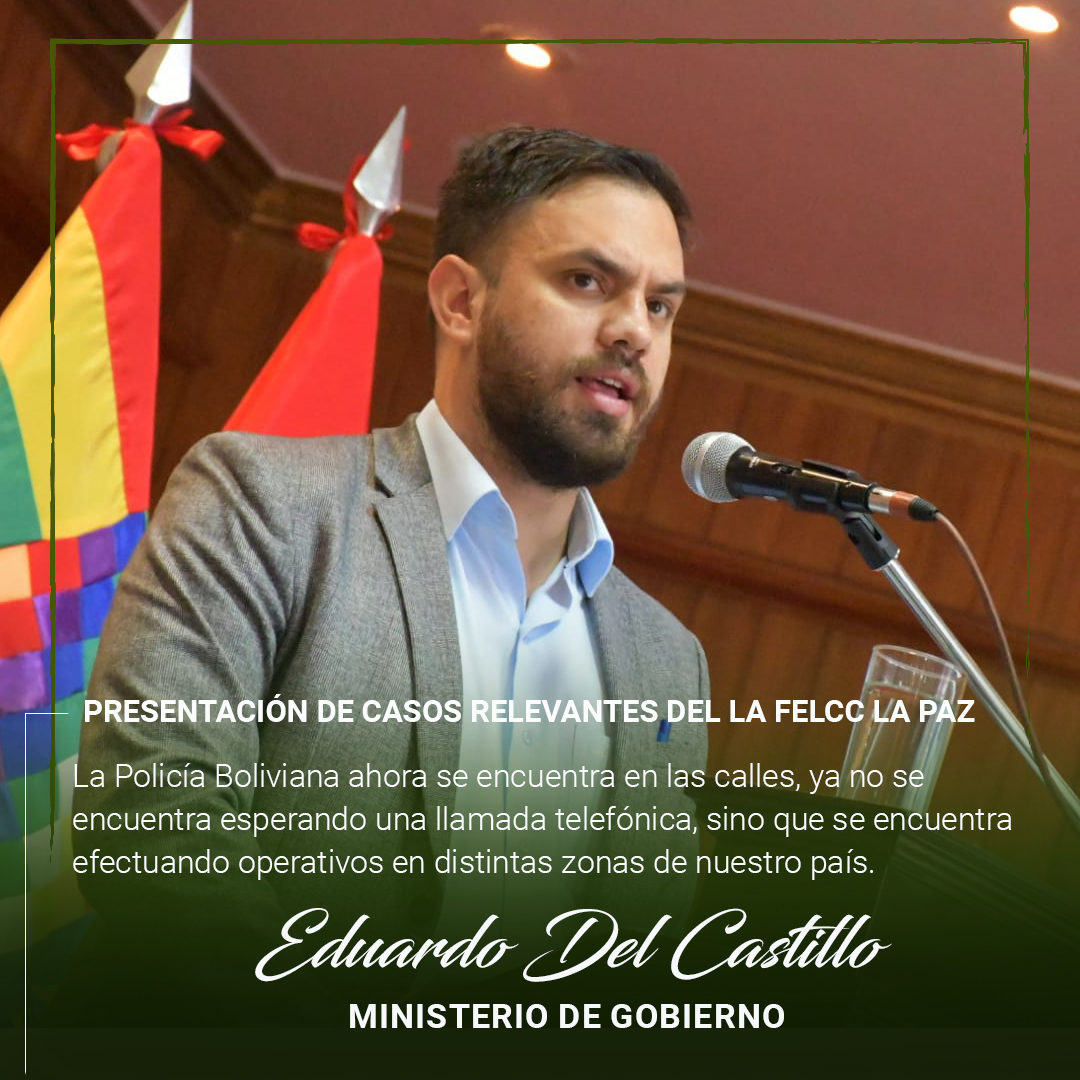 MindeGobierno's tweet photo. El ministro de Gobierno, Eduardo Del Castillo, reconoció el trabajo que efectúa la Policía Boliviana, para brindar mayor sensación de Seguridad Ciudadana en el país.

#EstamosSaliendoAdelante https://t.co/UlUxnlUgP1