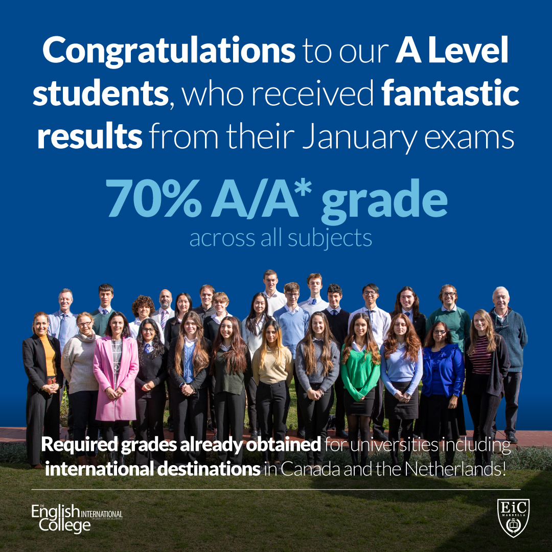 EICMarbella's tweet photo. Our #ALevel students have received fantastic results from their January exams, achieving 70% A/A* grade across all subjects. Some of them have already attained the grades they need to progress to university at international destinations in Canada and the Netherlands. https://t.co/vd4u8sDtwF