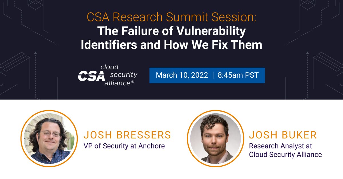anchore's tweet photo. Coming up this week, join us at the @cloudsa Research Summit talk on #vulnerability identifiers and how to fix them. Agenda here: https://t.co/c72tUZy0pa https://t.co/Npzi1Tsrg8