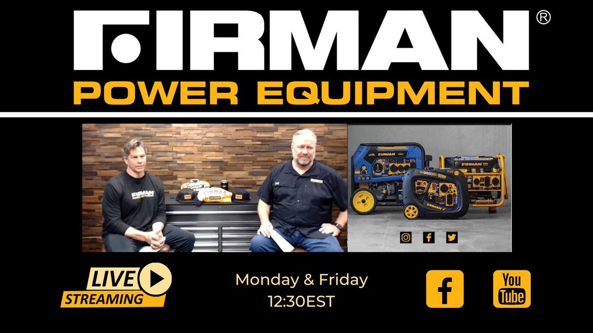 FIRMANPower's tweet photo. Join us LIVE today at 12:30pm
Jason and Megan will be discussing FIRMAN Warranty -
1.) how to register
2.) how does the warranty process work
3.) what are the benefits of registering as soon as you receive your FIRMAN
#FIRMANGenerators #PowerWhenYouNeedIt #FIRMANLiveStream https://t.co/EZZ714SqEu