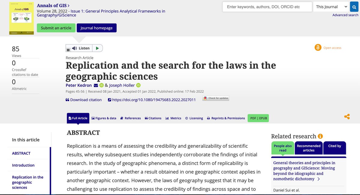 Annals_GIS's tweet image. @Annals_GIS open access: Kedron, P., & Holler, J. (2022). Replication and the search for the laws in the geographic sciences. Annals of GIS, 28(1), 45-56. doi.org/10.1080/194756…