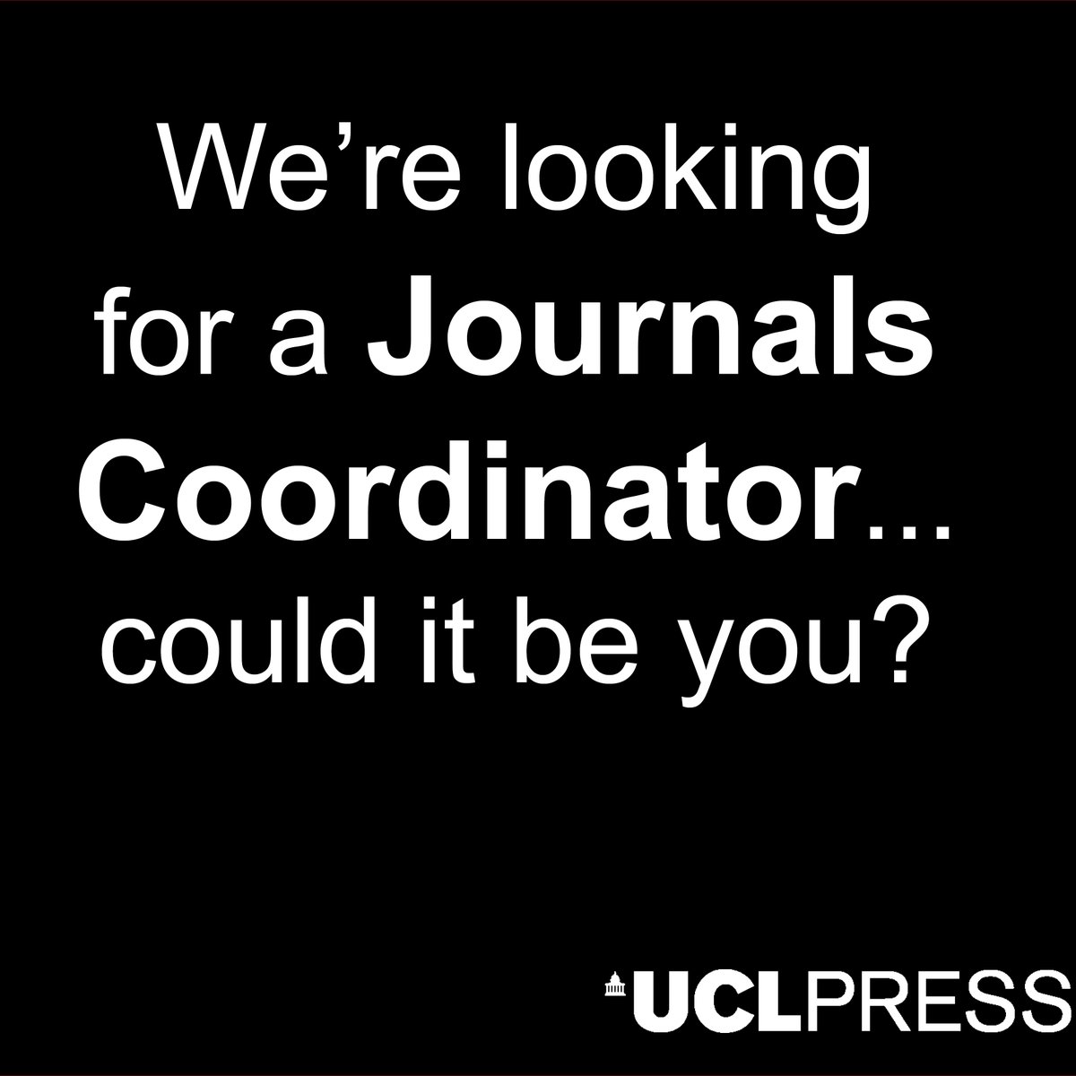 UCLpress's tweet photo. FINAL CALL- DEADLINE 9 MARCH! Want to join the journals department of one of the most exciting, innovative open access publishers around? Then look no further, we're looking for a Journals Coordinator to join the UCL Press team! For more info or to apply: https://t.co/2zPphYqi3T https://t.co/zayPNJckuG