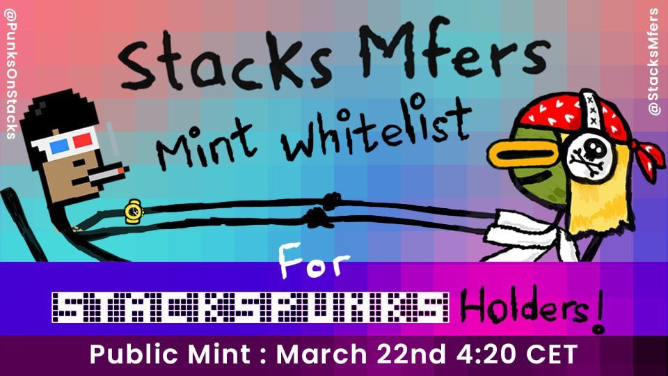 PunksOnStacks's tweet image. We've made new frens #StacksPunkers!

🚨 WHITELIST ALERT 🚨

🔟 or MORE #StacksPunks on March 20th
In your wallet or the StacksArt Marketplace
You'll be whitelisted for @StacksMfers 
PREMINT on the 21st of March! 🔥

6.9STX each
4269 mfers

Life wouldn't be the same without them