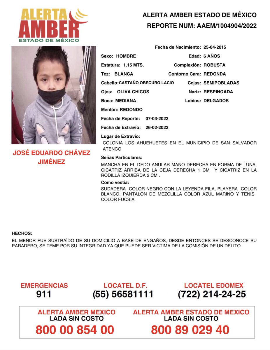 📌 Tu apoyo es importante, ayúdanos a difundir, cualquier información para localizar a la siguiente persona, comunícate al 📞 800 890 2940 #AlertaAmberEdoméx y ☎️ 800 7028 770 #FiscalíaEdoméx.