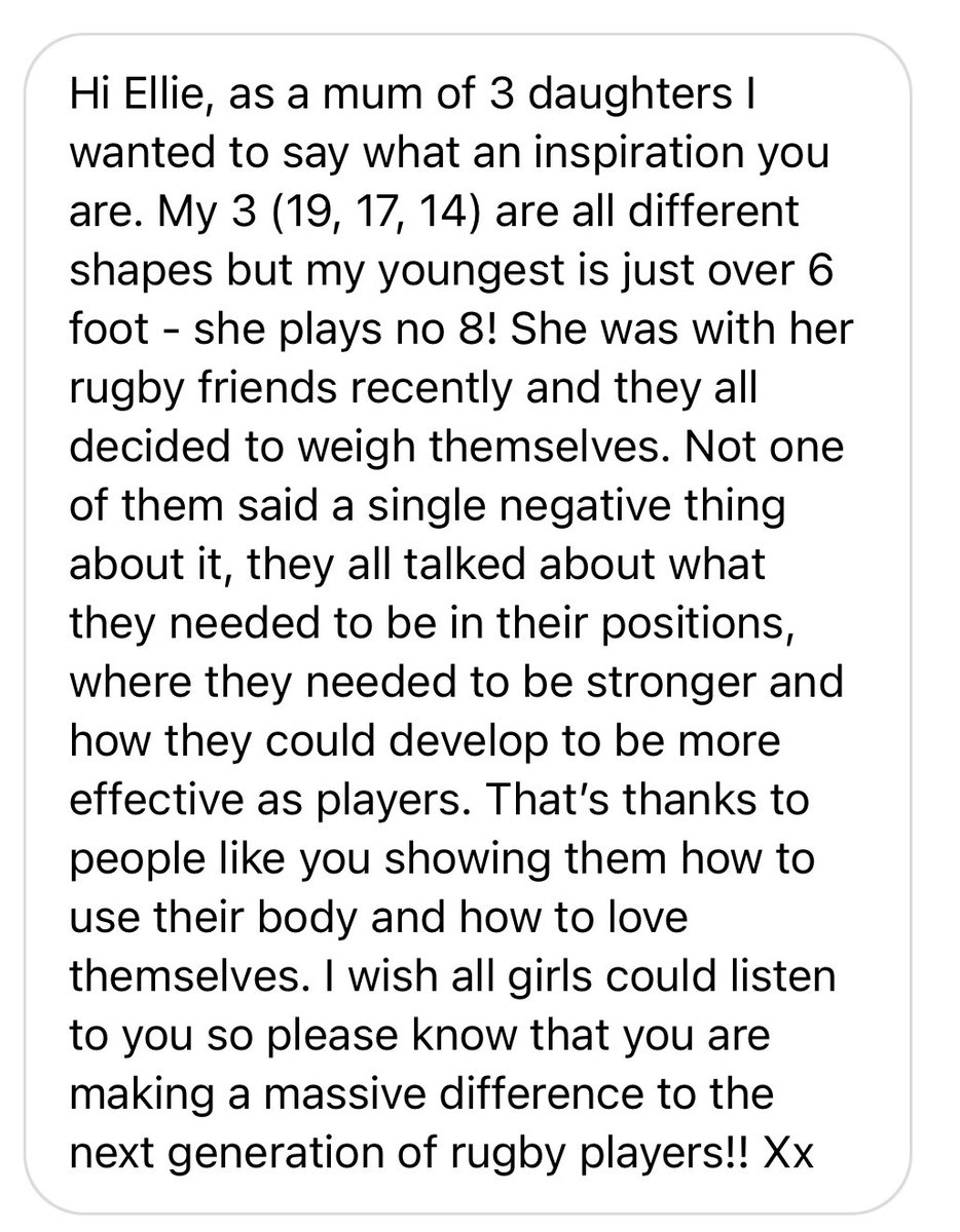 EllieBoatman's tweet image. Receiving this message today made me realise why I decided to open up about my own body image struggles. I think the younger we can encourage these conversations the better. So much respect for this family of young female rugby players ☺️❤️