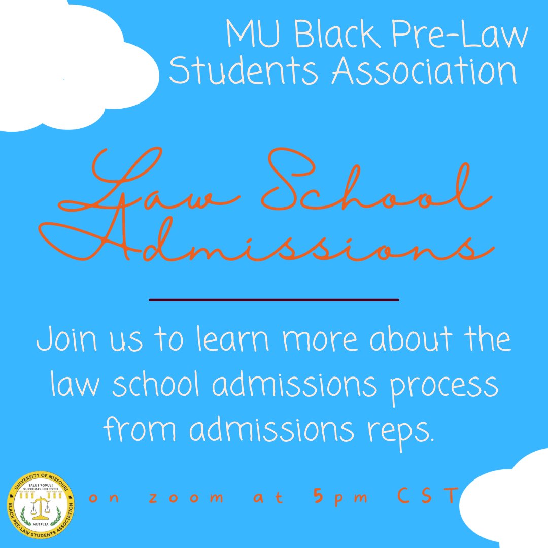 MizzouBPLSA's tweet photo. We will have law school representatives from the University of Missouri Law School, Washington University School of Law, FAMU Law, the University of Southern California Gould School of Law, and SMU Dedman School of Law. Join us to get a wide range of resourceful information! https://t.co/I3G5UzPYYb
