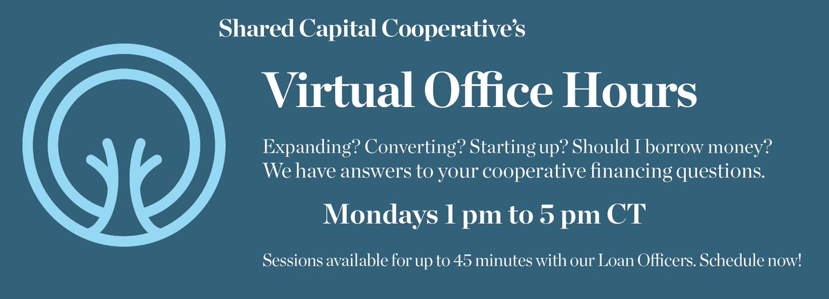 We're here to talk about your financing needs. We're a co-op that only lends to co-ops and are happy to talk to you at any stage of interest in borrowing. 
Office hours today:
***Mondays 1 pm to 5 pm CT***

calendly.com/d/whs2-45xs/sh…