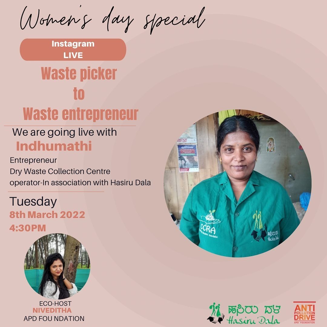 Hasiru_Dala's tweet photo. @ TOMORROW! Join us for a special Instagram Live on our  @hasiru_dala IG page #breakingthebias with Waste Entrepreneur Indhumathi, Entrepreneur, operator-DWCC Ward No:150 and @APD_foundation
  #drywastecollection #drywastecollectioncenter #wastewarriors #waste #recycleplastic https://t.co/XtUE1WNt2n