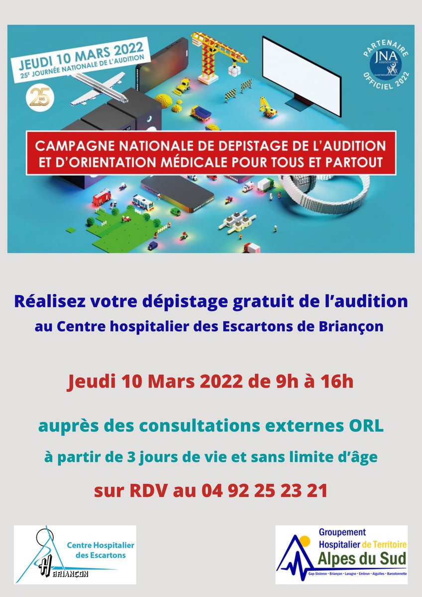 ch_briancon's tweet photo. 🩺👂🏼Dépistage gratuit de l’#audition le jeudi 10 mars 2022

Comme chaque année depuis près de 15 ans, le @ch_briancon est partenaire de la 25ème #JournéeNationaleDelAudition

#hôpital #briançon #dépistage #ORL @jna_association https://t.co/Bdq2ljhSVI