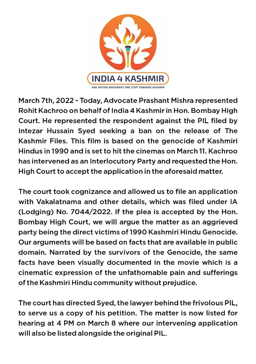 India 4 Kashmir approached the Hon. High Court to intervene in the matter of PIL filed by one, Intezar Syed, seeking a ban on the release of The Kashmir Files.

The matter will be taken up tomorrow at 4PM where we will be heard alongside the PIL.

#RightToJustice
#TheKashmirFiles