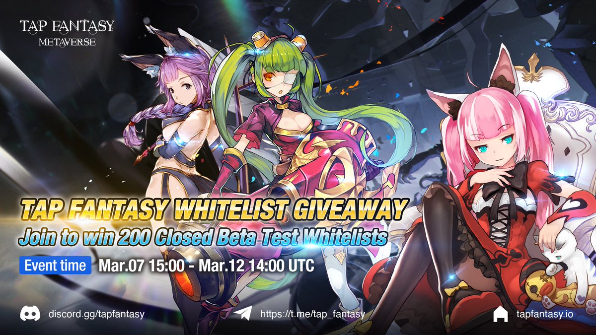 🔥 Tap Fantasy Closed Beta Test Whitelists🔥
Progress saved of #PlaytoEarn!

Join the 😍#GIVEAWAY Event to win💎200 Whitelists💎:

👉 gleam.io/sEVX3/whitelis…… 

⏰Event Time: Mar.07 15:00 – Mar.12 14:00 UTC

For more information: medium.com/@tapfantasy202…