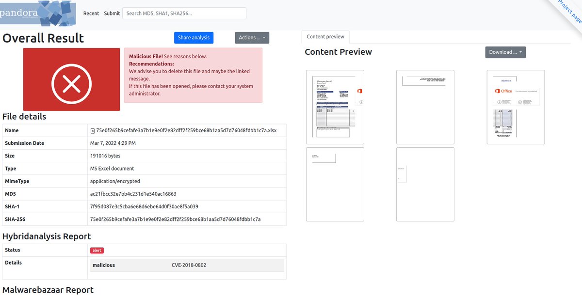 circl_lu's tweet photo. Pandora is an analysis framework to discover if a file (mainly office files) is suspicious and conveniently show the results. You can also run your own service.

https://t.co/7akr5wFHwg
Online service: https://t.co/EJvqgfWh24
Open source repository: https://t.co/Xks9mFoURB https://t.co/JHCxS6lnlV