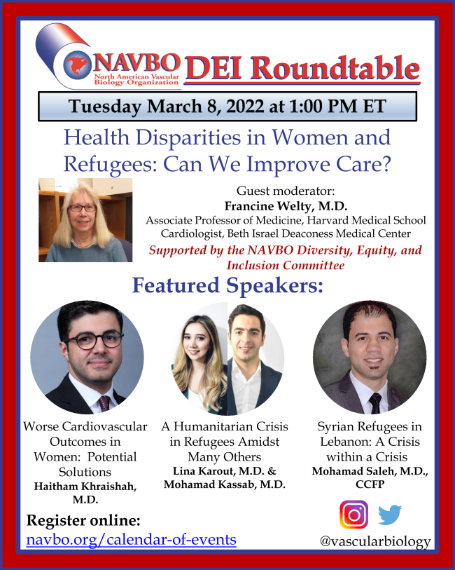 Register for our next #DEI Round Table tomorrow March 8 - 1PM EST - This event is FREE and open to all!

"Health Disparities in Women and Refugees: Can we Improve Care?"

Details and registration at conta.cc/3M1GSOy

#InternationalWomensDay