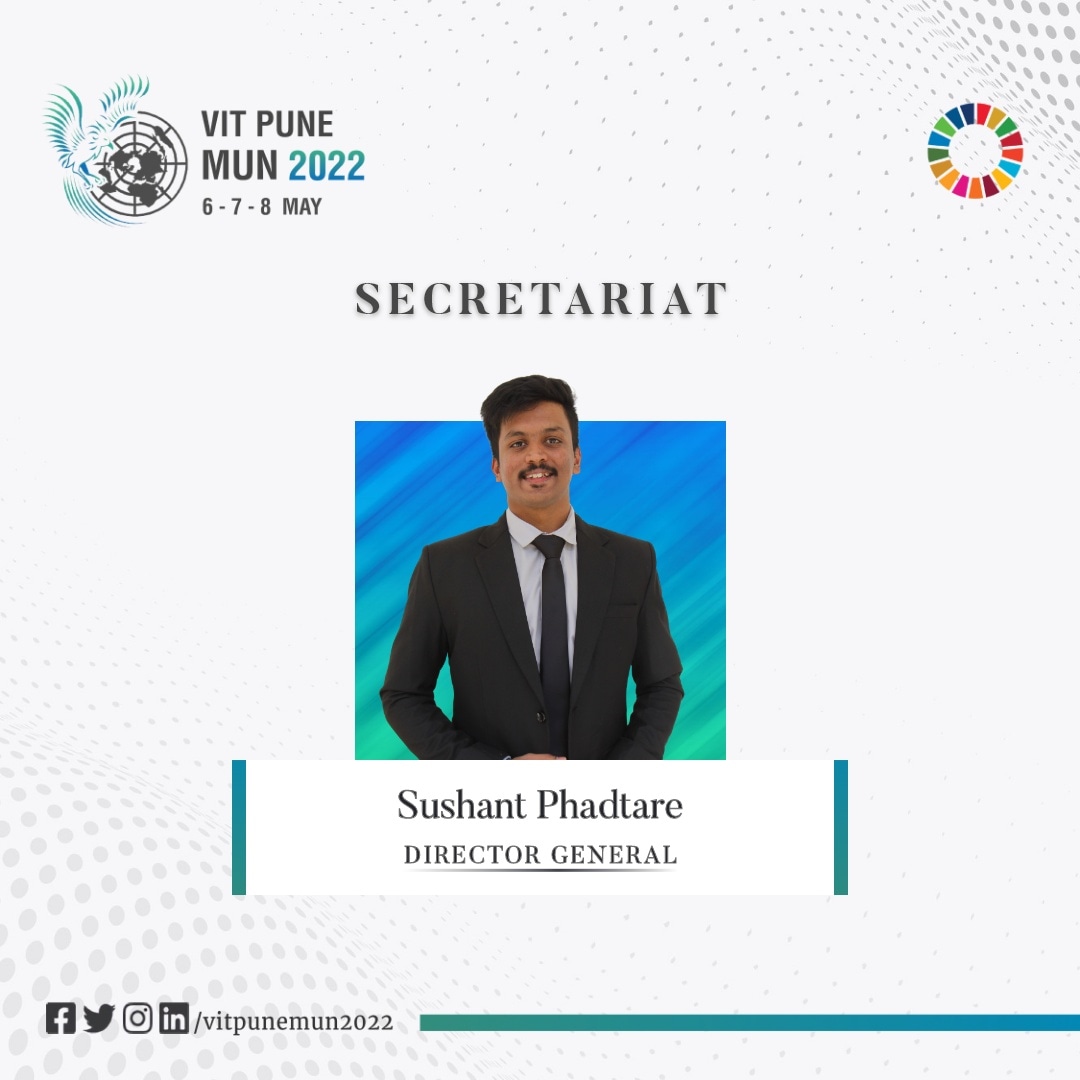 VITPuneMUN2026's tweet photo. Presenting the 𝐃𝐢𝐫𝐞𝐜𝐭𝐨𝐫 𝐆𝐞𝐧𝐞𝐫𝐚𝐥 of VIT Pune MUN 2022, 𝐒𝐮𝐬𝐡𝐚𝐧𝐭 𝐏𝐡𝐚𝐝𝐭𝐚𝐫𝐞. 

#VPM2022
#BeTheVoice
#ConferenceOfChange
#WalkTheTalk https://t.co/FM0gPV55JA