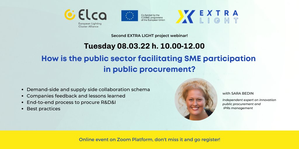 Clusters_EU's tweet photo. Interested in how the public sector is facilitating
#SMEs participation in #publicprocurement?
Join us tomorrow at 10:00 CET🕓 for a webinar, hosted by @ElcaCluster and #ExtraLight.
Register below 👇
https://t.co/mtdq8JUhYE https://t.co/nUIIU2RtnU