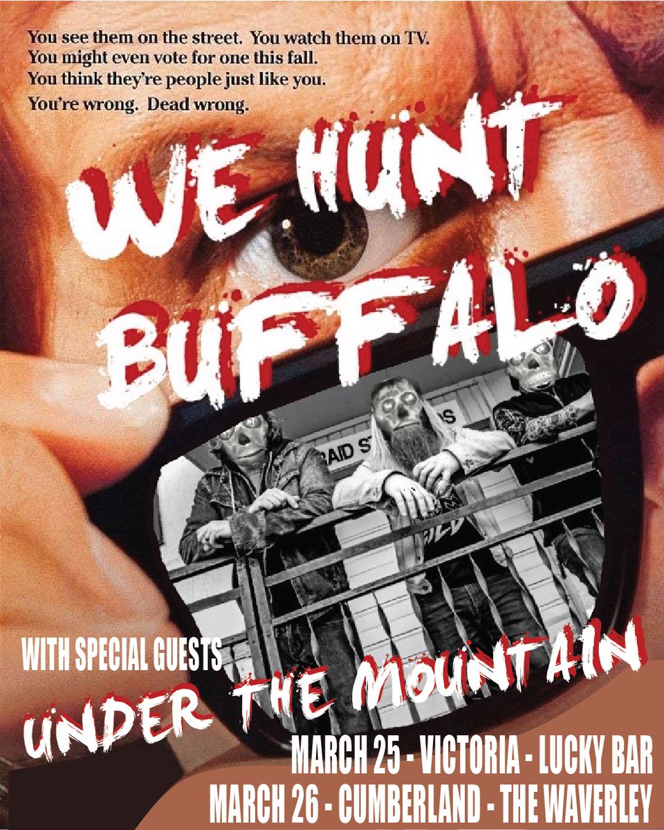 We Hunt Buffalo (@wehuntbuffalo) on Twitter photo Vancouver Island, let’s try this again! It’s short notice so spread the word. Special guests Under the Mountain for both shows.
March 25 - Victoria - <a href="/LuckyBar/">Lucky Bar</a> 
Tickets: showpass.com/we-hunt-buffal…
March 26 - Cumberland - <a href="/TheWaverleyPub/">The Waverley Hotel</a> 
Tickets: waverley.tickit.ca/events/14652-w… Vancouver Island, let’s try this again! It’s short notice so spread the word. Special guests Under the Mountain for both shows.
March 25 - Victoria - <a href="/LuckyBar/">Lucky Bar</a> 
Tickets: showpass.com/we-hunt-buffal…
March 26 - Cumberland - <a href="/TheWaverleyPub/">The Waverley Hotel</a> 
Tickets: waverley.tickit.ca/events/14652-w…