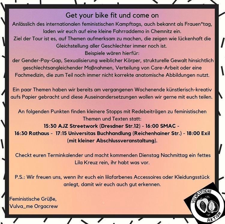 _C_Nazifrei's tweet photo. Auch in #Chemnitz gibt es eine Veranstaltung zum internationalen feministischen Kampftag.
Ab 15:30 Uhr könnt ihr euch aufs bike schwingen und mitfahren. #c0803 https://t.co/oc70MRaU1Q