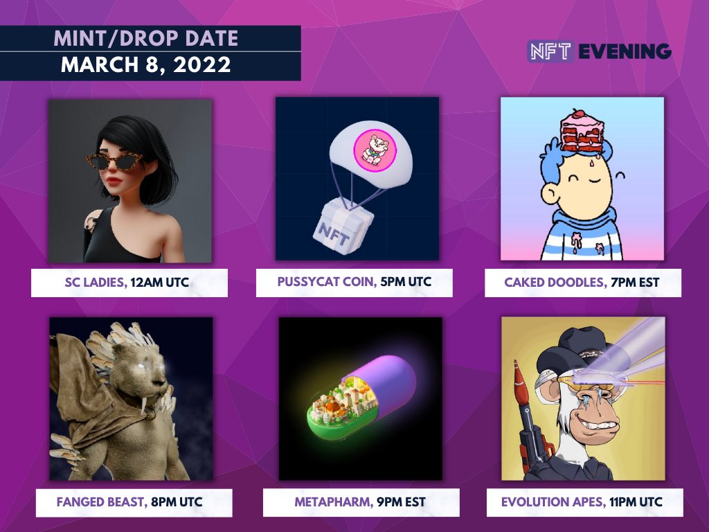 Eveningtraders's tweet image. NFT mint/drop today (March 8, 2022):

💅 @SCLadiesNFTs
🐱 @cryptopussydoc
🎂 @CakedDoodles
🦁 @FANGEDBEASTNFT
💊 @metapharmgame
💀 @EvolutionApes

#NFTmint #NFTdrop