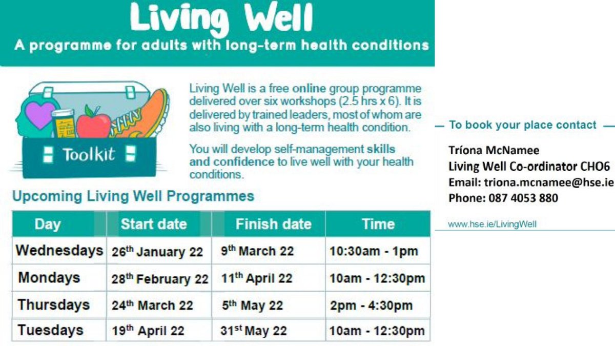 AgeFriendlydlr's tweet photo. Check out @HSELive's Living Well Programme through Spring 2022 for adults 18+
- living with 1 or more long-term health condition or
- caring for someone with a long-term health condition(s)
See more: https://t.co/TSXFsgr92E
#dlrCommunity @AgeFriendlyIrl @HealthyIreland https://t.co/BuRtJrlwGE