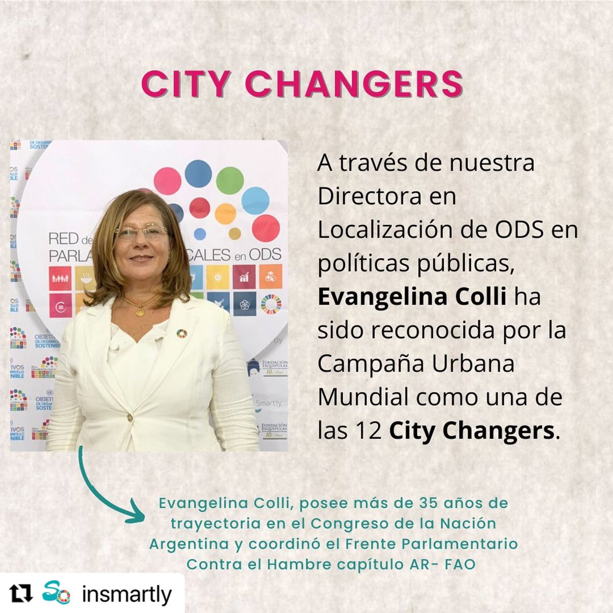 He sido honrada para representar a <a href="/SmartlyLive/">InSmartly</a> ante <a href="/urbancampaign/">Urban Thinkers Campus</a> 
Ha sido reconocida entre doce líderes globales debido a su acción e innovación parlamentaria 🏛 
Su <a href="/RPL_ODS/">Red Parlamentos Locales en ODS</a> y el ebook sobre #ParlamentosODS contribuyen a alcanzar  #thecityweneefnow 🌇
#Iamcitychanger 💫