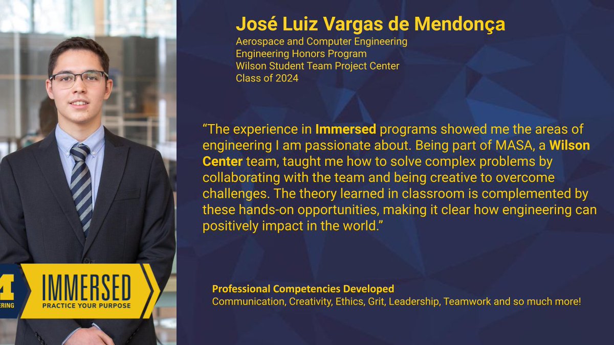 Our <a href="/UMengineering/">Michigan Engineering</a> #ImmersedStudentSpotlight is José Luiz Vargas de Mendonça!  How do you #PracticeYourPurpose? <a href="/jlvmV3ga/">José Vargas</a> <a href="/coehonors/">UM Engin Honors</a> <a href="/UMWilsonCenter/">Wilson Student Team Project Center</a> <a href="/MichiganAero/">Michigan Aerospace</a> <a href="/UMichCSE/">Computer Science and Engineering at Michigan</a>