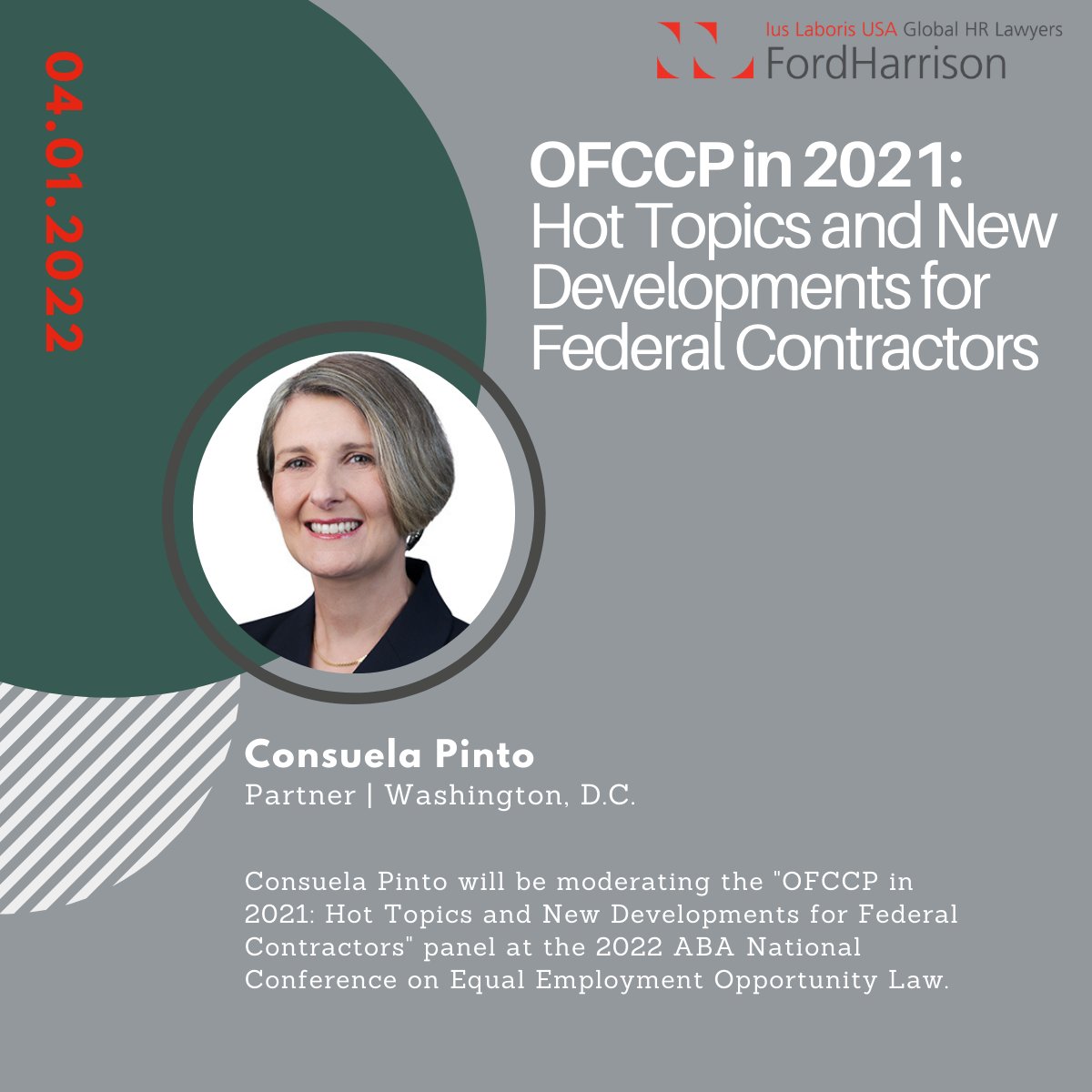 fordharrisonlaw's tweet photo. Join Consuela Pinto as she moderates the OFCCP in 2021: Hot Topics and New Developments for Federal Contractors panel at the 2022 ABA National Conference on Equal Employment Opportunity Law. For more info on the full conference and to register, click here: https://t.co/QVl7BvzR3F https://t.co/7PVzuniLoM