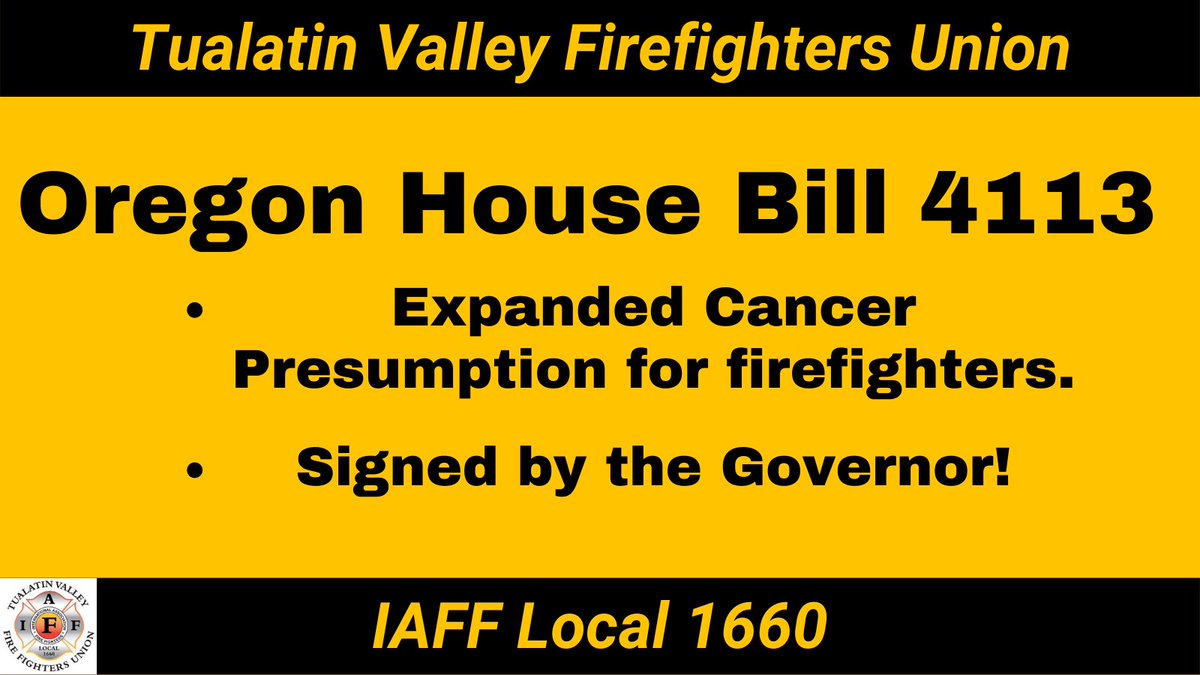Oregon House Bill 4113 has been signed by the Oregon Governor. This key piece of legislation from 1660 Member and State Representative Dacia Grayber expands cancer presumption for firefighters in Oregon. @IAFFNewsDesk <a href="/IAFF9th/">Mike Frainier, IAFF 9th District VP</a> <a href="/ORfirefighters/">Oregon Fire Fighters</a> <a href="/djgrayber/">Dacia Grayber</a>  #iaff