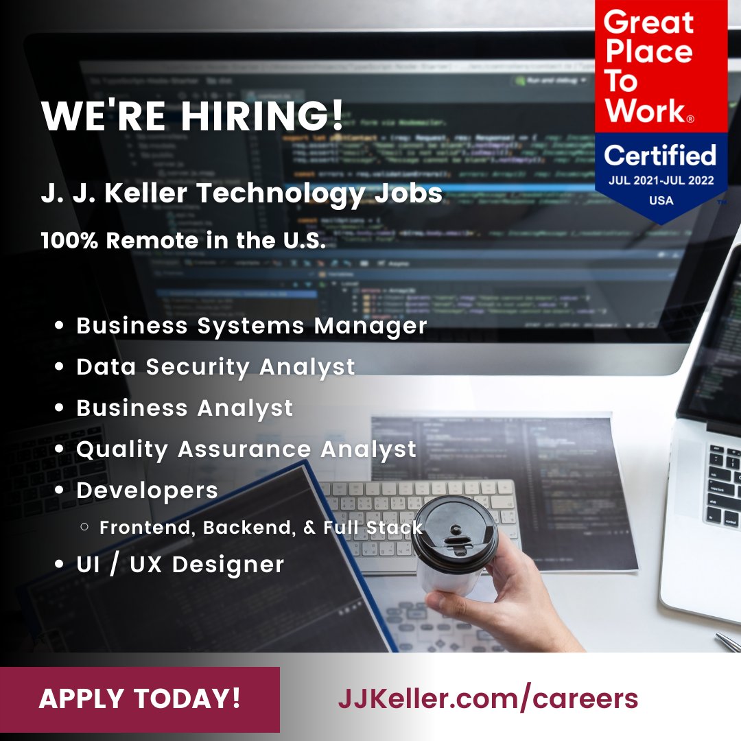JJKellerJobs's tweet photo. Join our team of 200+ #technology professionals to engage in work that is advancing our technology infrastructure so we can better safeguard people and critical information. Learn more: https://t.co/bgaojFxeLp.
#jjkellerdifference #jjktech #jjkdevs #remoteworking https://t.co/5sXVHivjHA