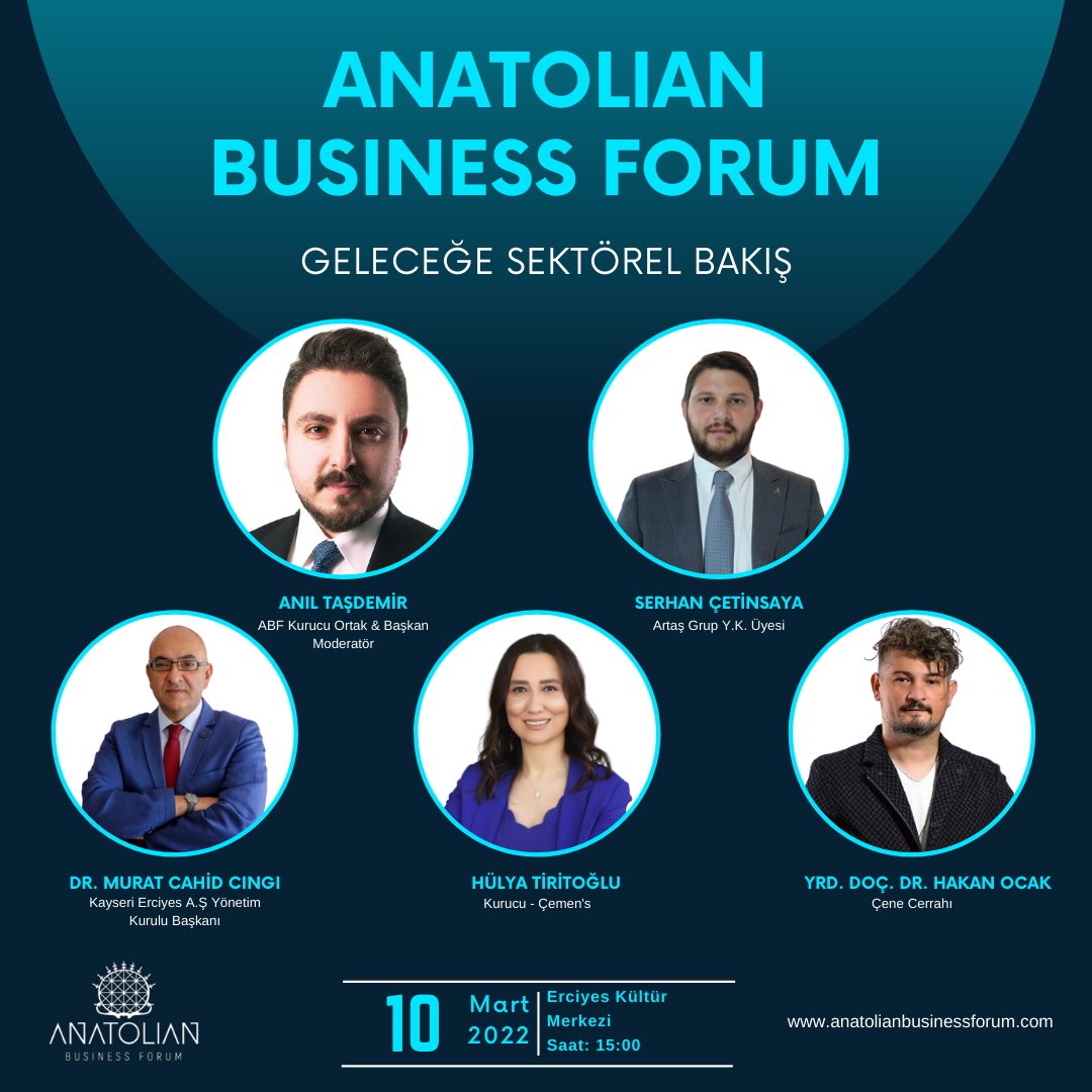 'Geleceğe Sektörel Bakış' adlı paneli, 10 Mart perşembe günü saat: 15:00'da Kayseri EKM' de işin uzmanlarından hep birlikte dinleyeceğiz.
<a href="/ianiltasdemir/">İbrahim Anıl Taşdemir</a>
<a href="/SerhanCetinsaya/">Serhan Çetinsaya</a>
<a href="/MuratCahidCINGI/">Dr.Murat Cahid CINGI</a>
<a href="/CemensGurme/">Çemens Gurme</a> 
#anatolianbusinessforum #geleceğesektörelbakış